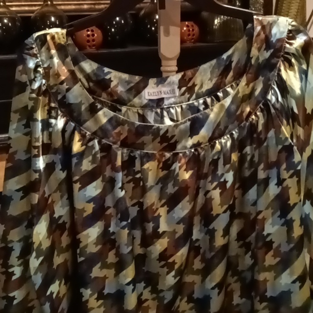 FINAL PRICE KAELYN-MAX II teal houndstooth designed l/s blouse w tie-up belt 3X